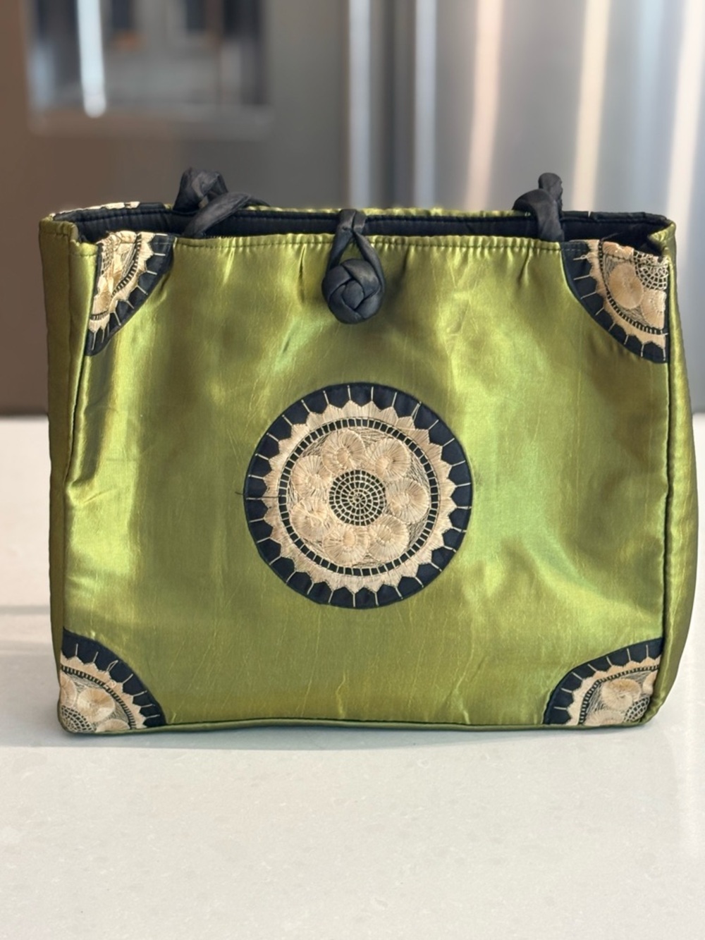 Silk Green Embroidered Tote Bag - Elegant Women's Handbag